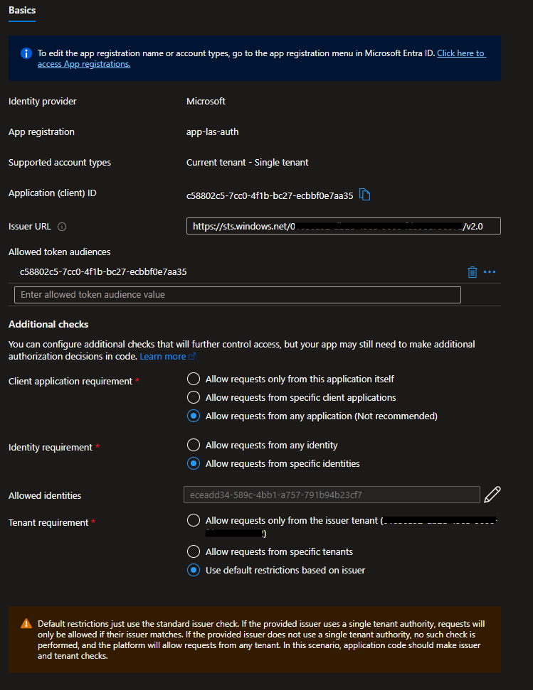 IDP configured in Easy Auth in Azure Portal