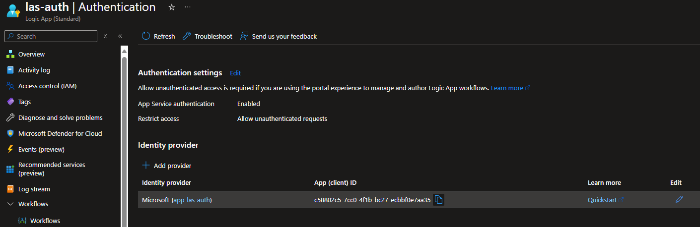 IDP configured in Easy Auth in Azure Portal
