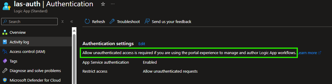 Allow unauthenticated requests in Azure Portal